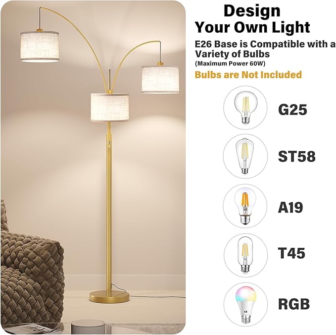 SUNMORY 3 Lights Floor Lamp for Living Room, 78" Tall Standing Lamp with Hanging Drum Shade, Modern Arc Floor Lamps with Heavy Base, Mid Century Arched Tree Floor Lamp for Bedroom, Office, Corner