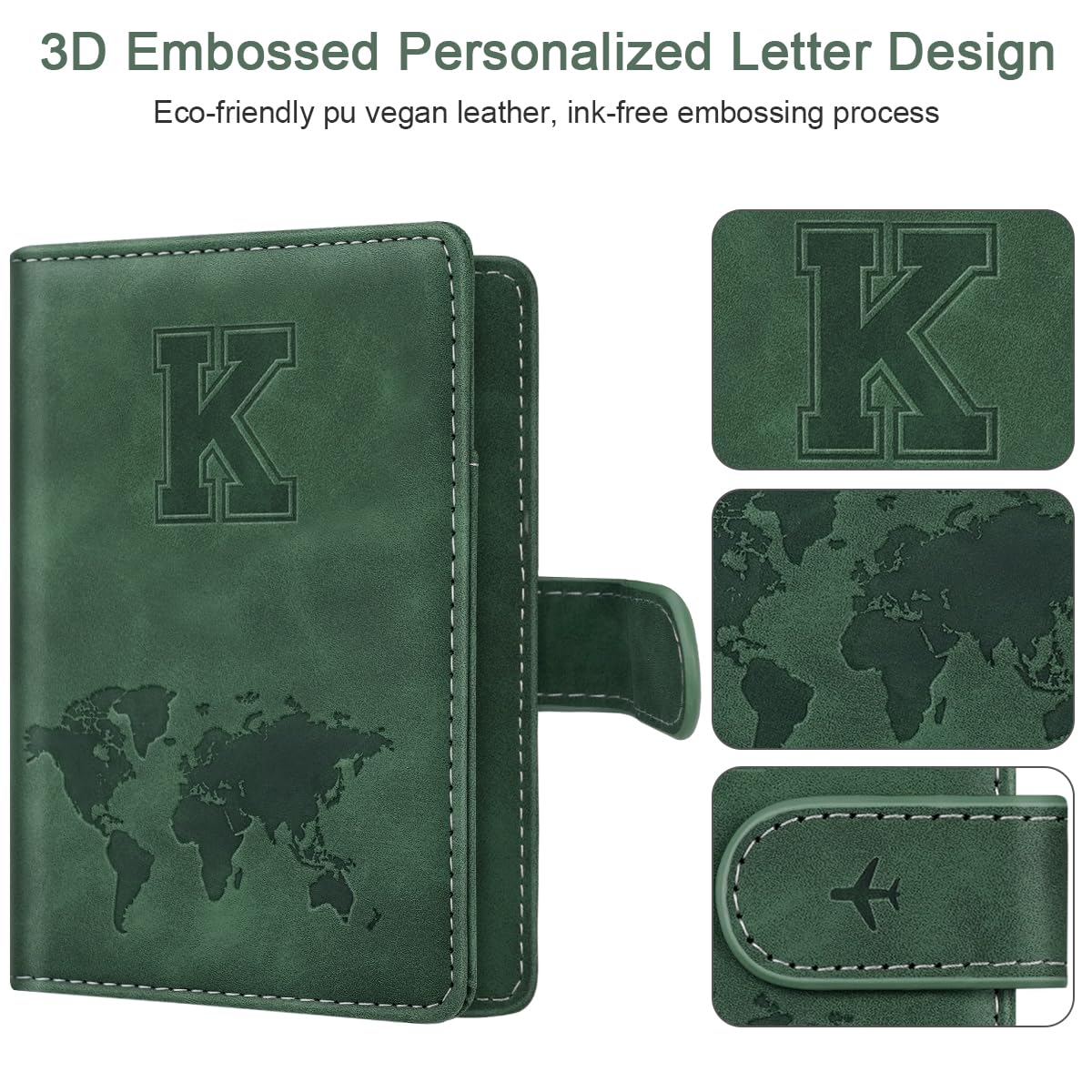 Personalized K Passport Holder Cover Initial Letter Travel Wallet RFID Blocking Passport Cover Credit Card Holder Case Passport Book Holders for Women and Men, Pine Green-K