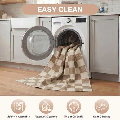 Tribesigns Checkered Washable 8x10 Area Rugs for Living Room, Soft Non-Slip Brown Bedroom Dining Room Rug, Geometric Neutral Printed Carpet for Playroom Home Decor, Oeko-Tex Certified