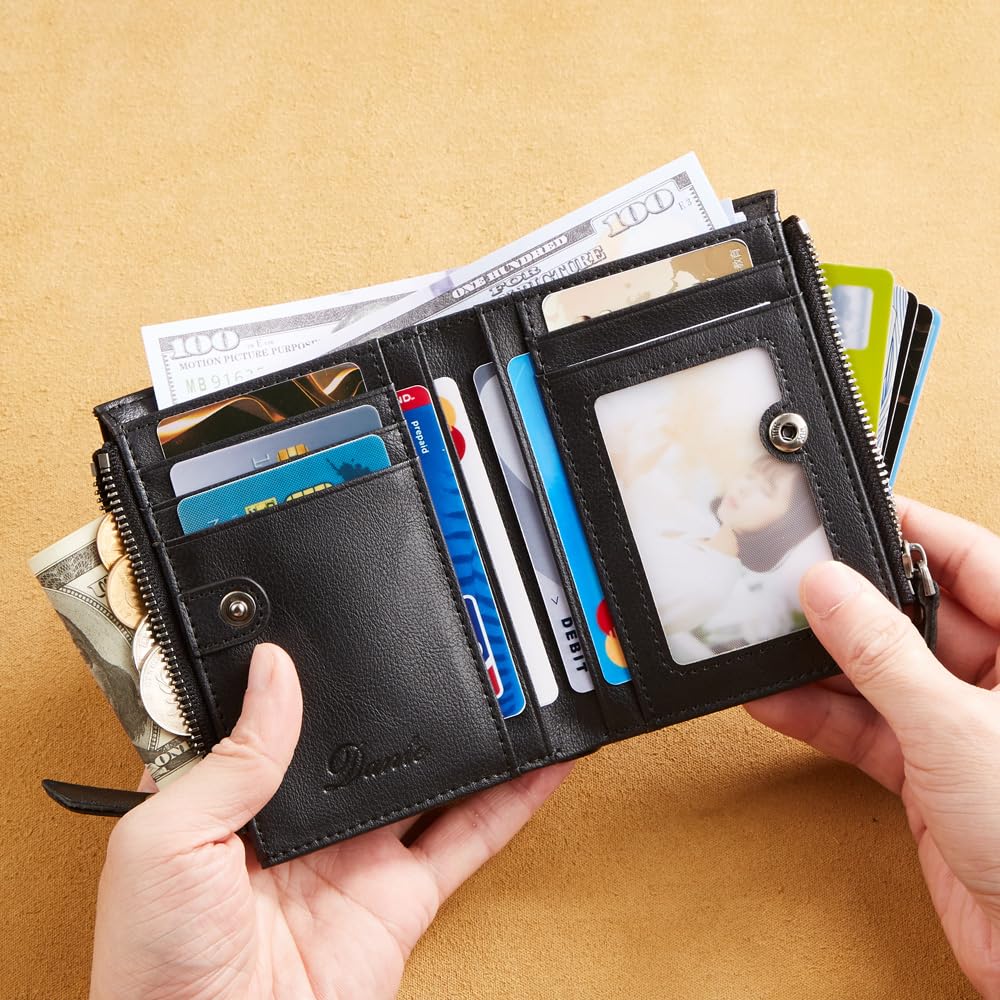 Wallet with Chain for Men Women Genuine Leather RFID Blocking Bi-Fold Wallet with Chain, Zip Coin Pocket, Credit Card Holder, Transparent ID Window for Driver License Biker Punk Hip Hop Style (Black)