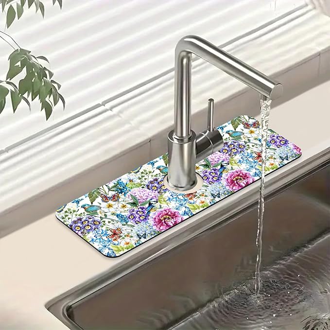 Beautiful Floral Kitchen Sink Splash Guard Faucet Mat Flower Bird Butterfly