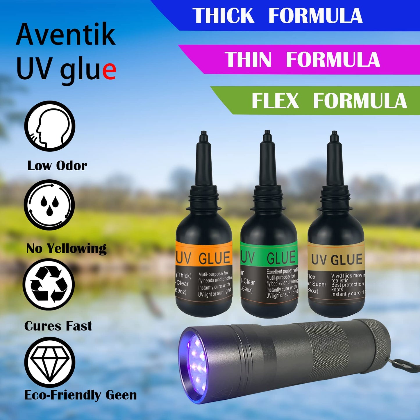Riverruns UV Clear Glue Three Formula Thick Glue Fly Tying for Building Flies Flies Heads Bodies and Wings Tack Free Special Introductory Sale!(UV Thick Glue)