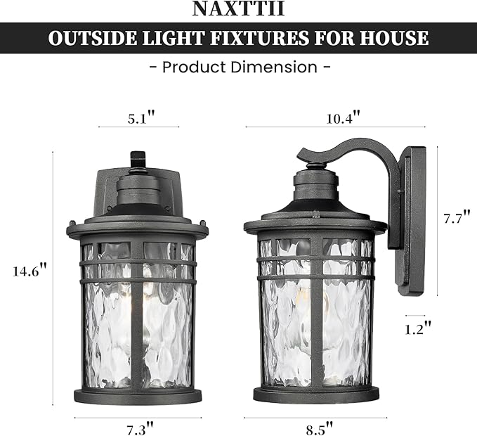 Outdoor Wall Light Fixtures Waterproof Outdoor Porch Light with Water Ripple Glass Black Finish Outdoor Porch Lights Wall Mounts for House 14.6 Inch Height