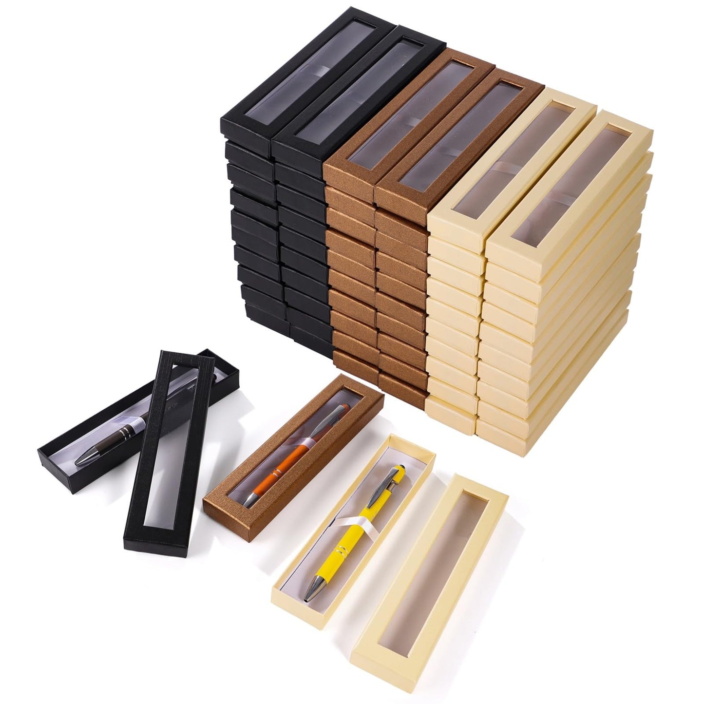 OMISTAR 60 PCS Pen Gift Box Empty Cases with Clear Lid, 3 Colors Ballpoint Pen Gift Box Pen Jewelry Display Box for Jewelry Gift Business Birthday Souvenir Office Supplies (60PCS)