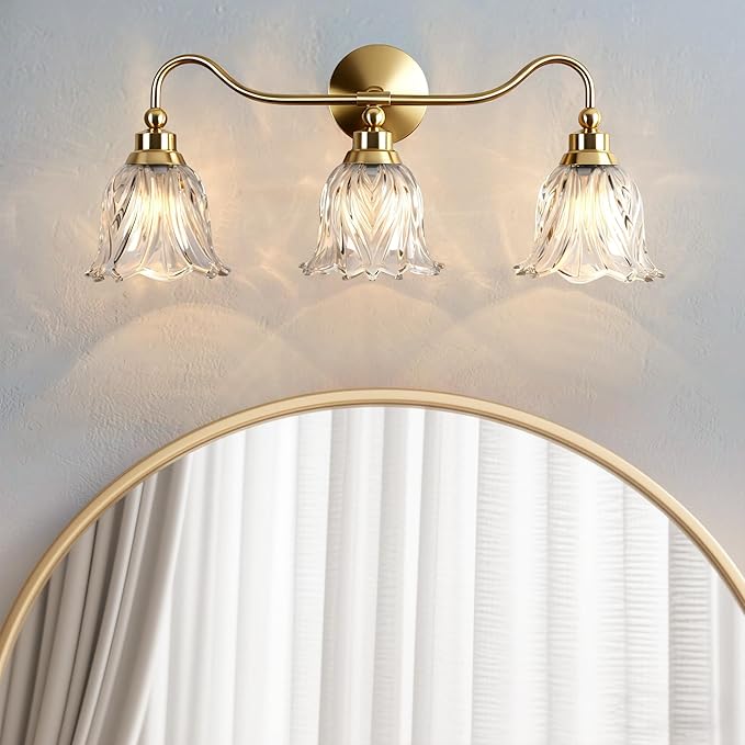 3-Lights Bathroom Vanity Light Gold Vintage Light Fixtures Floral Flower Matte Antique Brass Crystal Glass Shade, Wall Sconces Lighting for Living Room, Bedroom, Hallway（E12 Base）