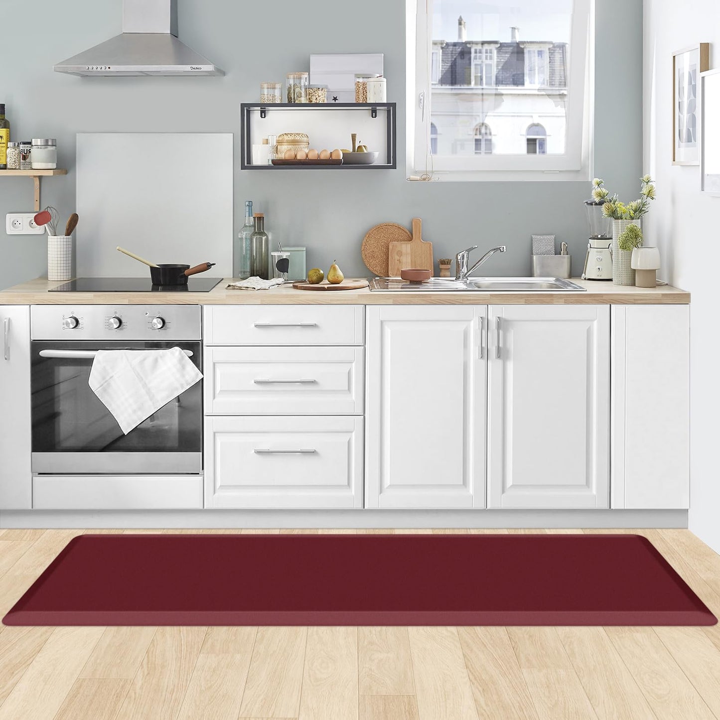 KitchenClouds Kitchen Mat Cushioned Anti Fatigue Kitchen Rug 17.3"x60" Water Resistant Non Slip Kitchen Rugs and Mats Standing Desk Mat Comfort Floor Mats for Kitchen House Sink Office (Red)