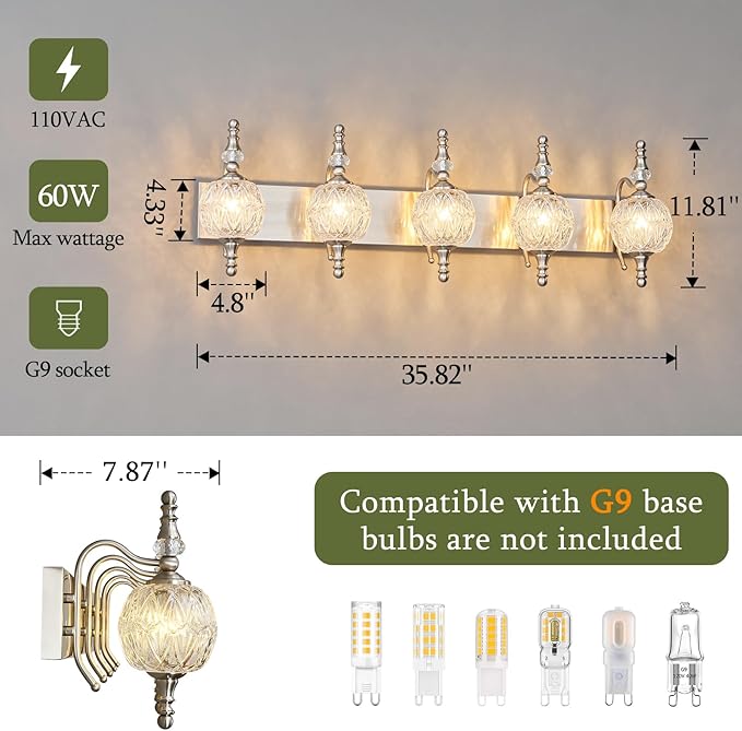 Modern Crystal Bathroom Vanity Lights Fixtures Over Mirror Brushed Nickel Vintage 5-Lights 36 Inch Bathroom Light Fixtures Glass Crystal Vanity Lights