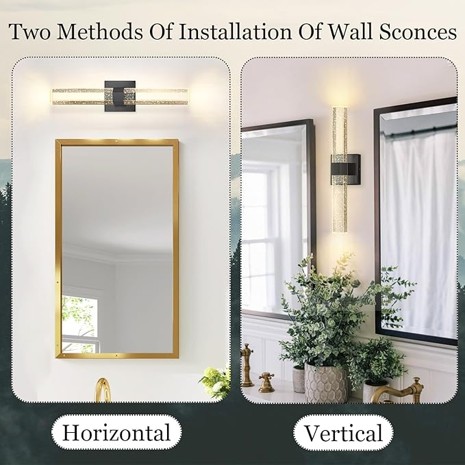 Set of 2 Black LED Wall Sconce Lights Warm Light Modern Crystal Wall Lights Vanity Lighting Fixtures Sconces for Bathroom Living Room Bedroom Dining Room Hallway