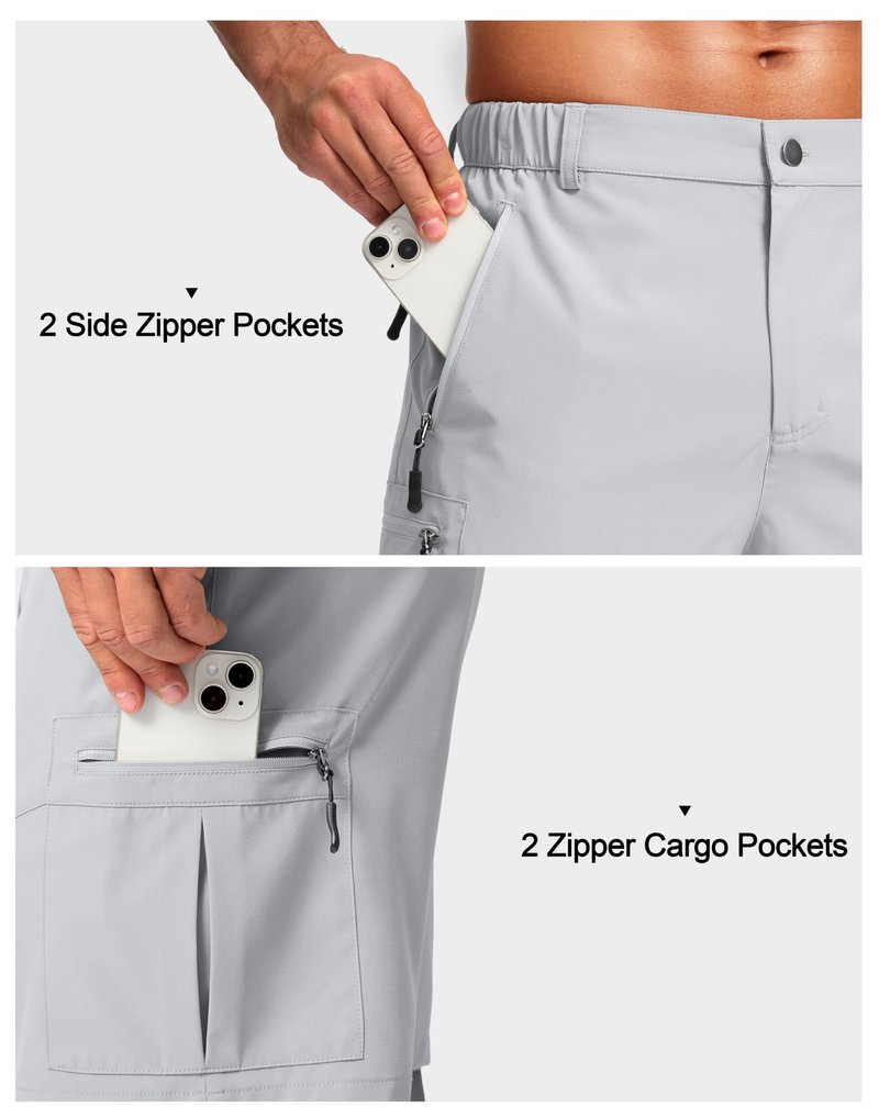 Pudolla Men's Hiking Cargo Shorts Lightweight 7" Travel Casual Shorts for Men Golf Work Outdoor with 5 Zipper Pockets(Bright Grey Small)