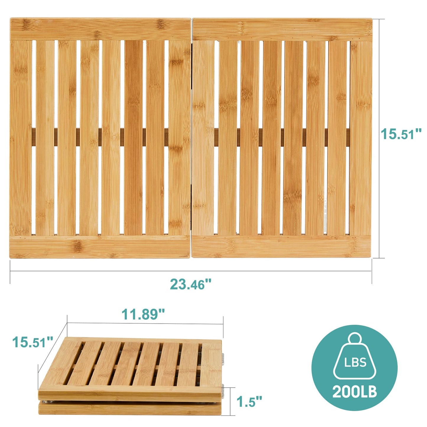 Waterproof Bamboo Bath Mat for Shower, Foldable | Non-Slip | Heavy Duty, Wooden Bath Mat, Floor Mat and Doormat for Indoor Outdoor, 23.4in x 15.6in