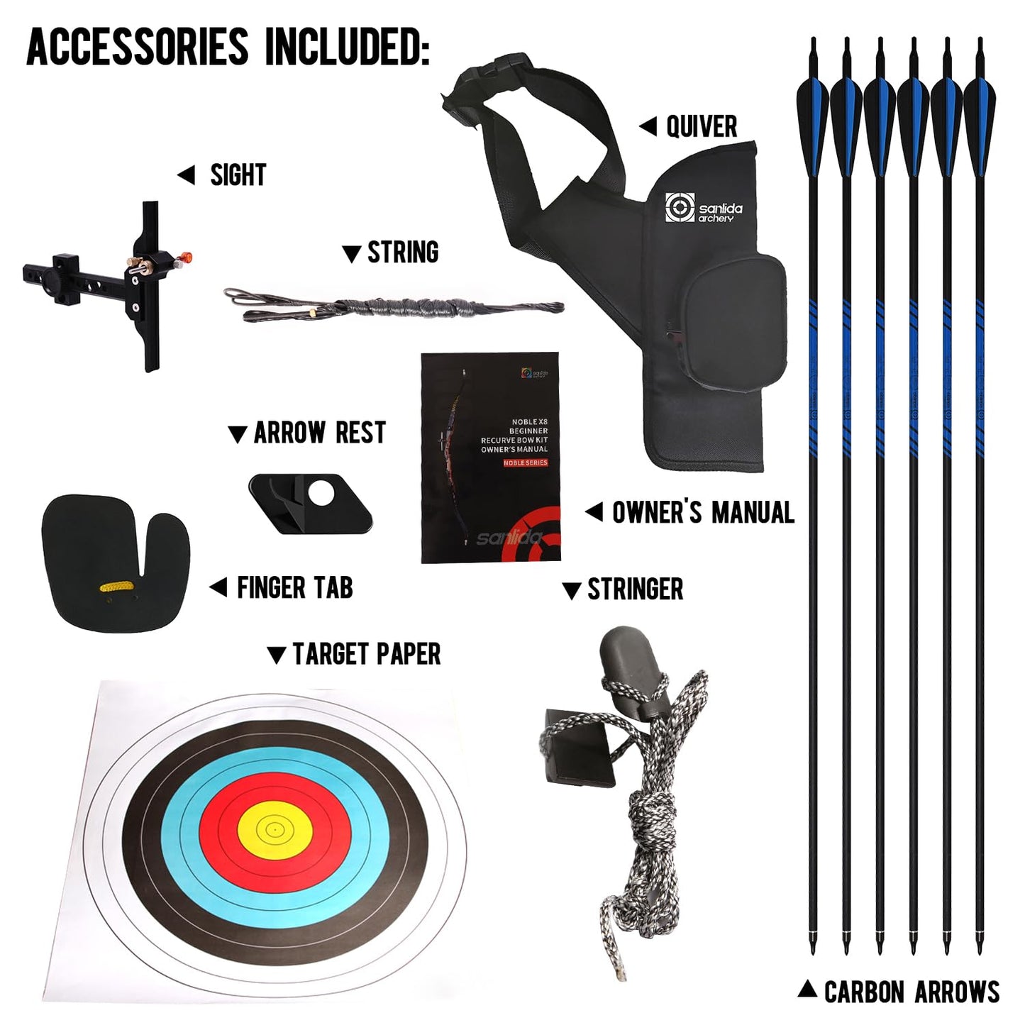 Sanlida Noble Standard Beginner & Intermediate Recurve Bow and Arrows Kit for Adult and Youth, Wooden Takedown Recurve Bow Package for Training, Practice & Competition RH Only (54", 10lbs)
