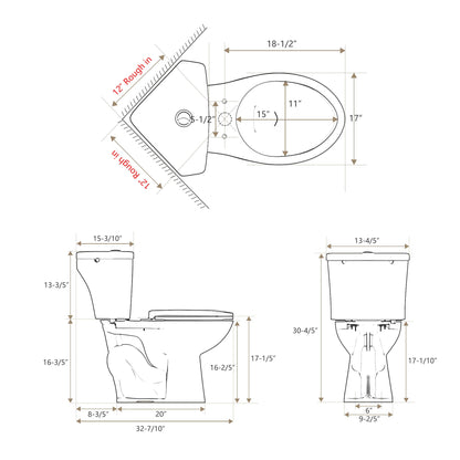 SUPERFLO 17.2" Corner Toilet Elongated, Compact Two-piece Toilets with Comfort Height Toilet Bowl & Slow Close Seat, Small Toilets For Small Bathroom-Dual Flush 0.8/1.28 GPF