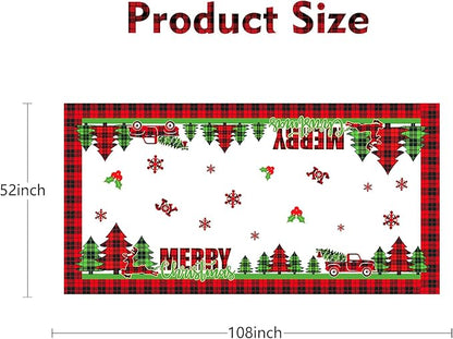 pinkblume 4.3x9Ft Christmas Tablecloth Rectangle Buffalo Plaid Xmas Tree Red Truck Joy Merry Christmas Sign Reindeer Snowflake Holly Berry Dining Table Cover for Holiday New Year Kitchen Decorations