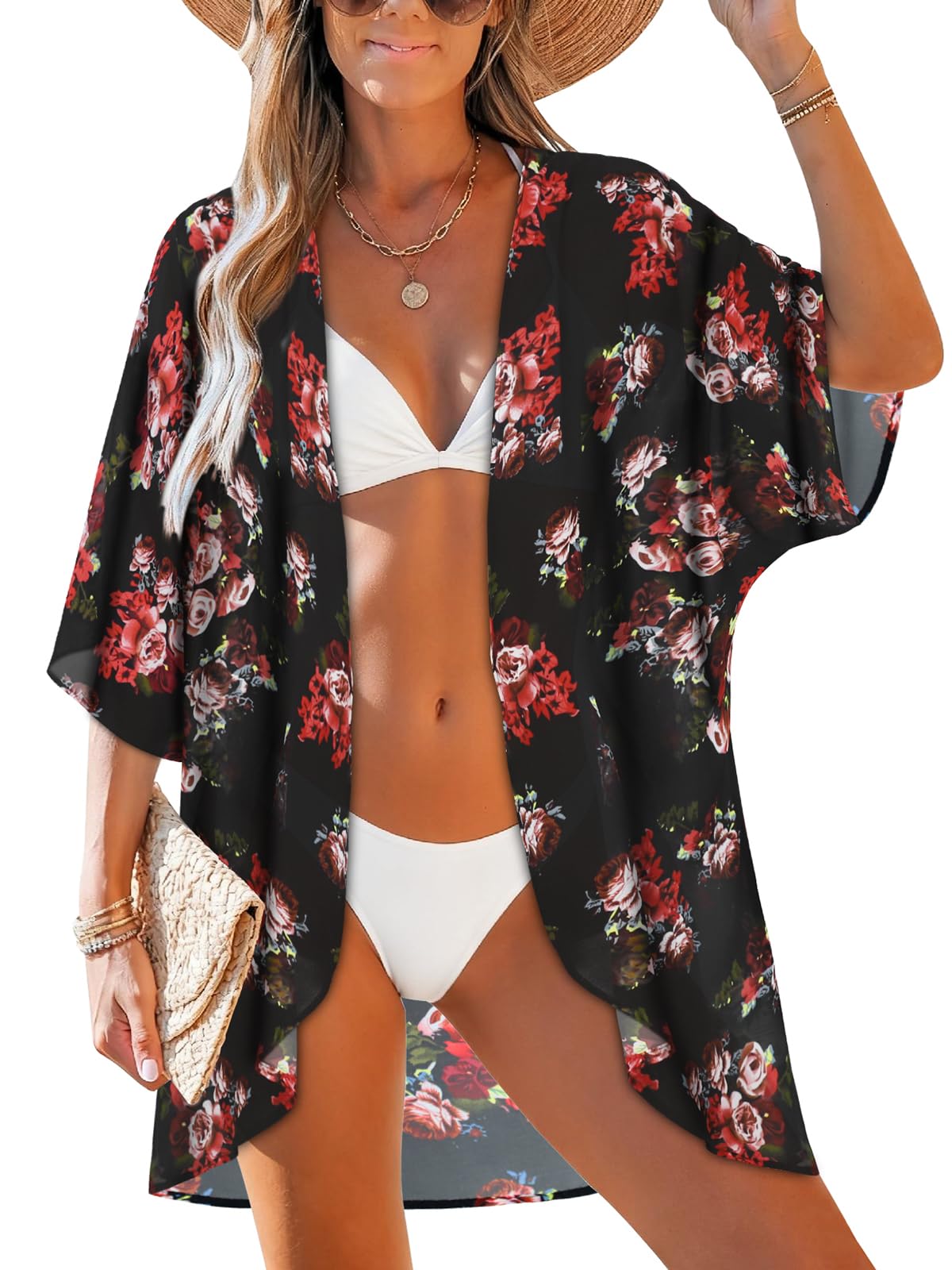 Women's Floral Print Puff Sleeve Kimono Cardigan Loose Cover Up Casual Blouse Tops(BLACK L)