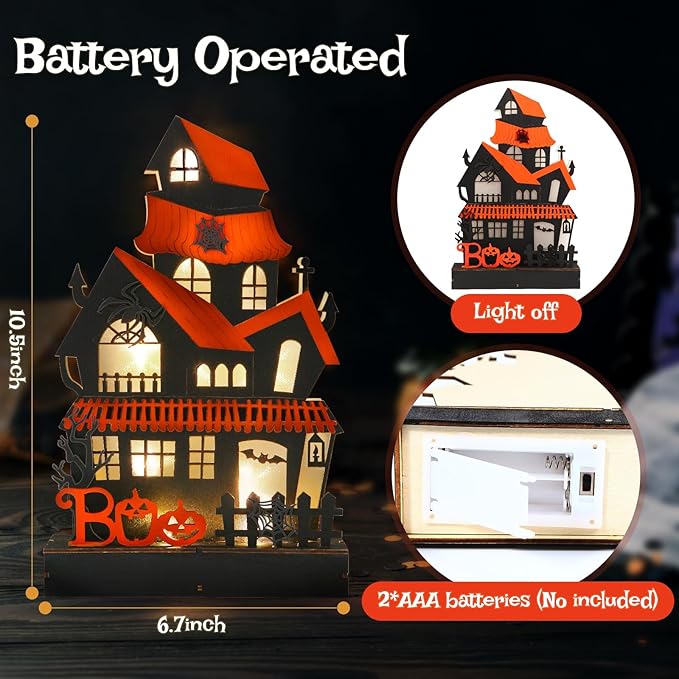 Halloween Decorations Indoor Haunted House Lights, Wooden Tabletop Decoration for Home, Battery Operated Light Up Halloween Decor for Desk Table Fireplace Room Party Decor