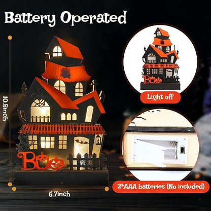 Halloween Decorations Indoor Haunted House Lights, Wooden Tabletop Decoration for Home, Battery Operated Light Up Halloween Decor for Desk Table Fireplace Room Party Decor