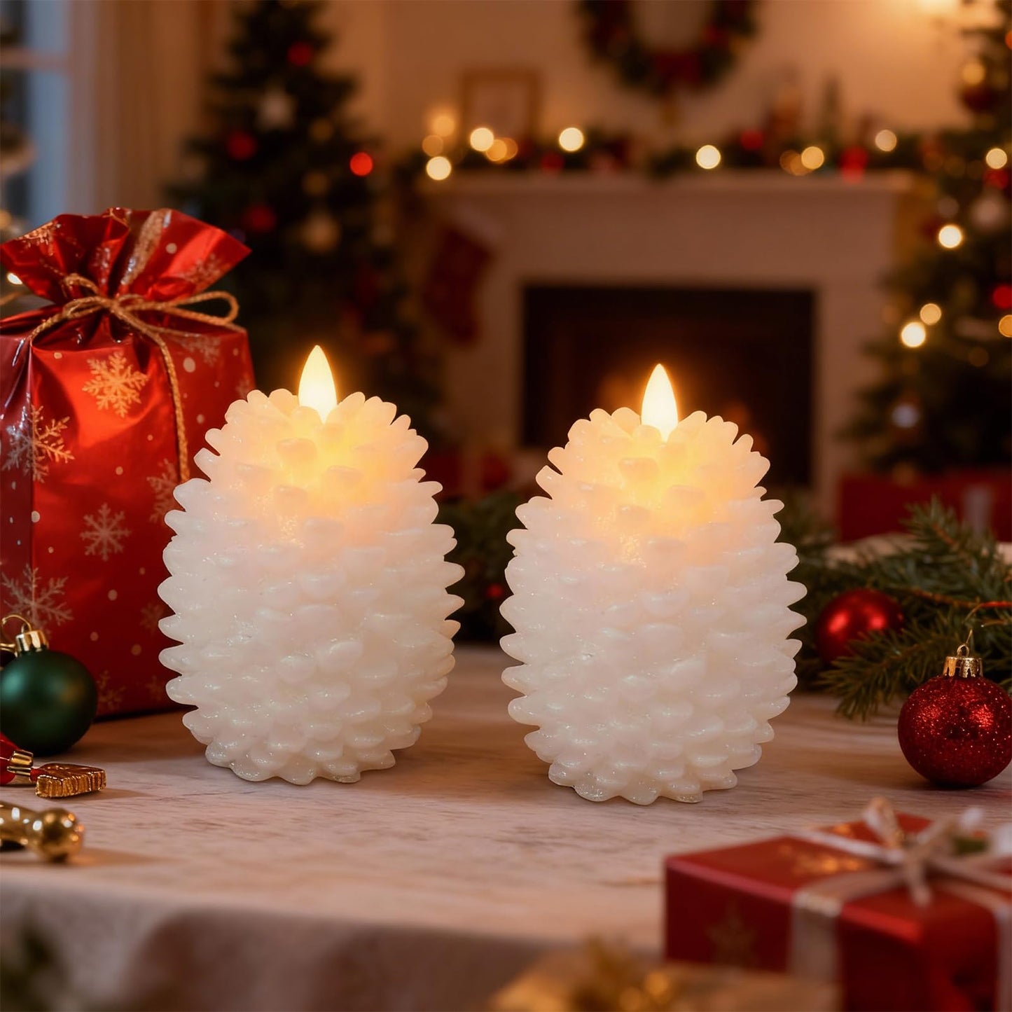 Eldnacele LED Pine Cone Candles with Remote Timer, Battery Operated Flameless Candles Unscented Wax Pinecone Candle White 2 Pack for Christmas Home Party Decoration