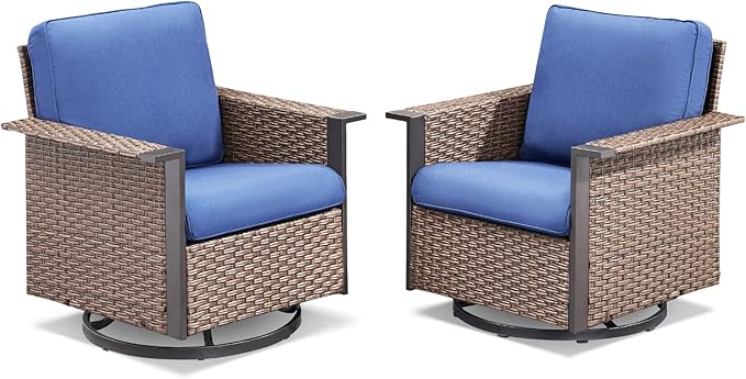 Patio Wicker Chairs Swivel Rocker-Outdoor Swivel Rocking Patio Chairs Set of 2,Wide Armrest Wicker Chair Outdoor Patio Furniture Set with Covered Cushions for Porch Balcony Patio Deck Brown/Blue