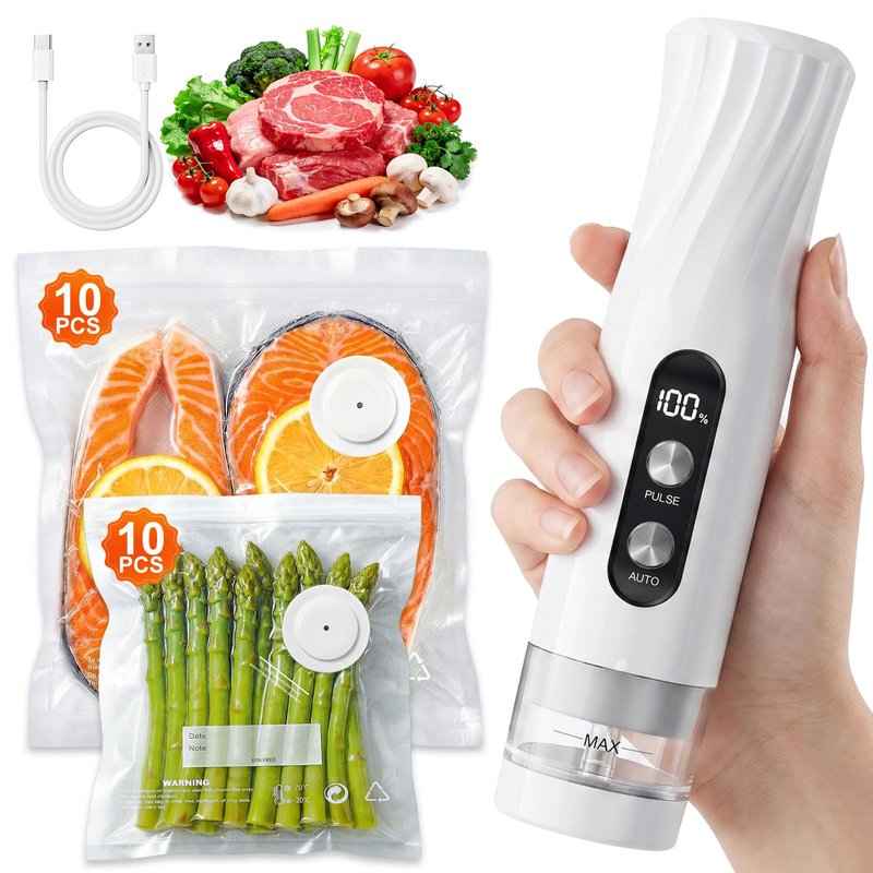 RIWUSI Portable Vacuum Sealer for Food with Visible Water Tank, 60kPa Powerful Handheld Vacuum Sealer Machine, One-Touch Auto Seal & Pulse Mode for Delicate Foods, Includes 20 Reusable Bags