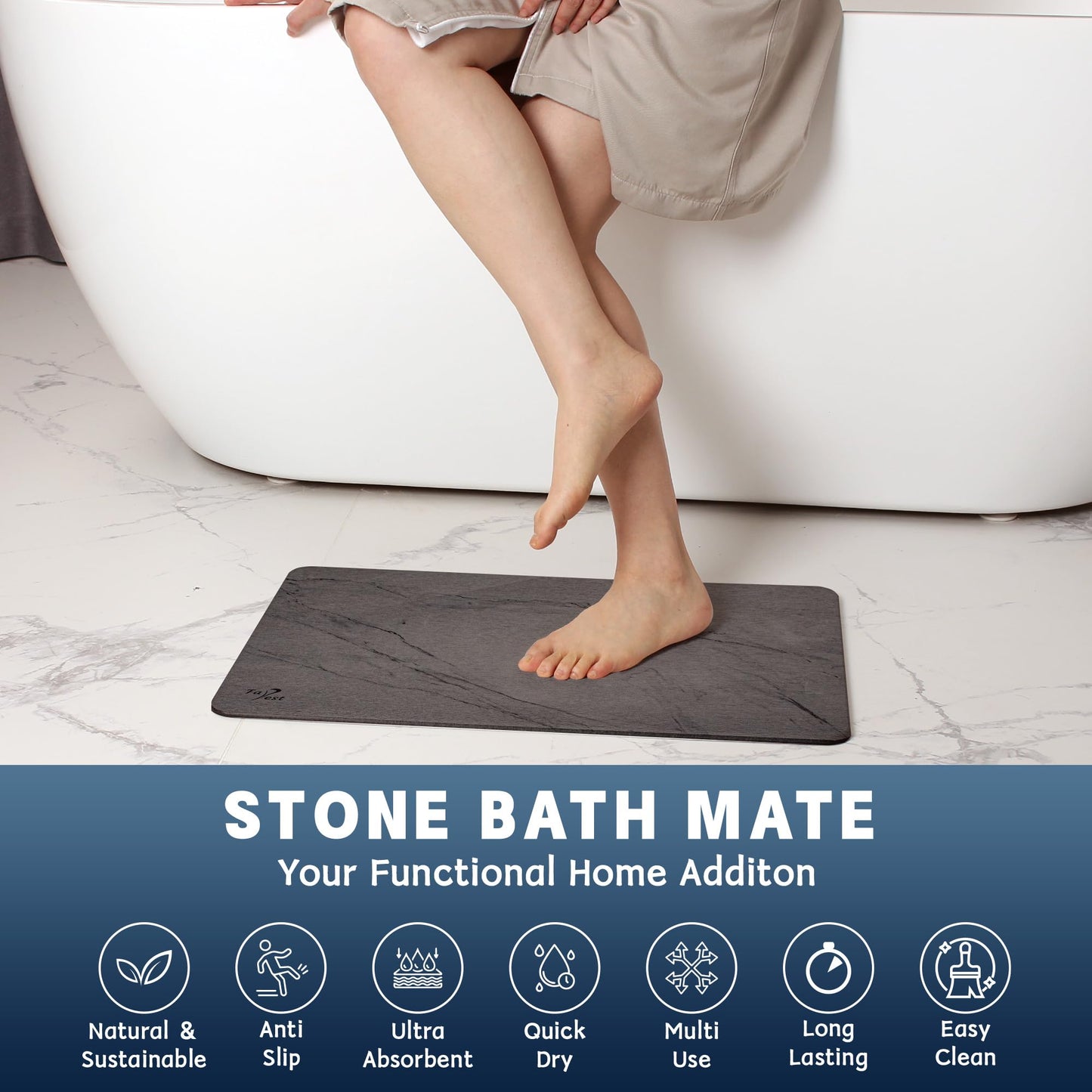 Farest 2 Pack Stone Bath Mat,Diatomaceous Earth Shower Mat,Fast-Drying Stone Bathroom Floor Mat,Absorbent Non-Slip Diatomite Mats for Bathtub,Grey Marble