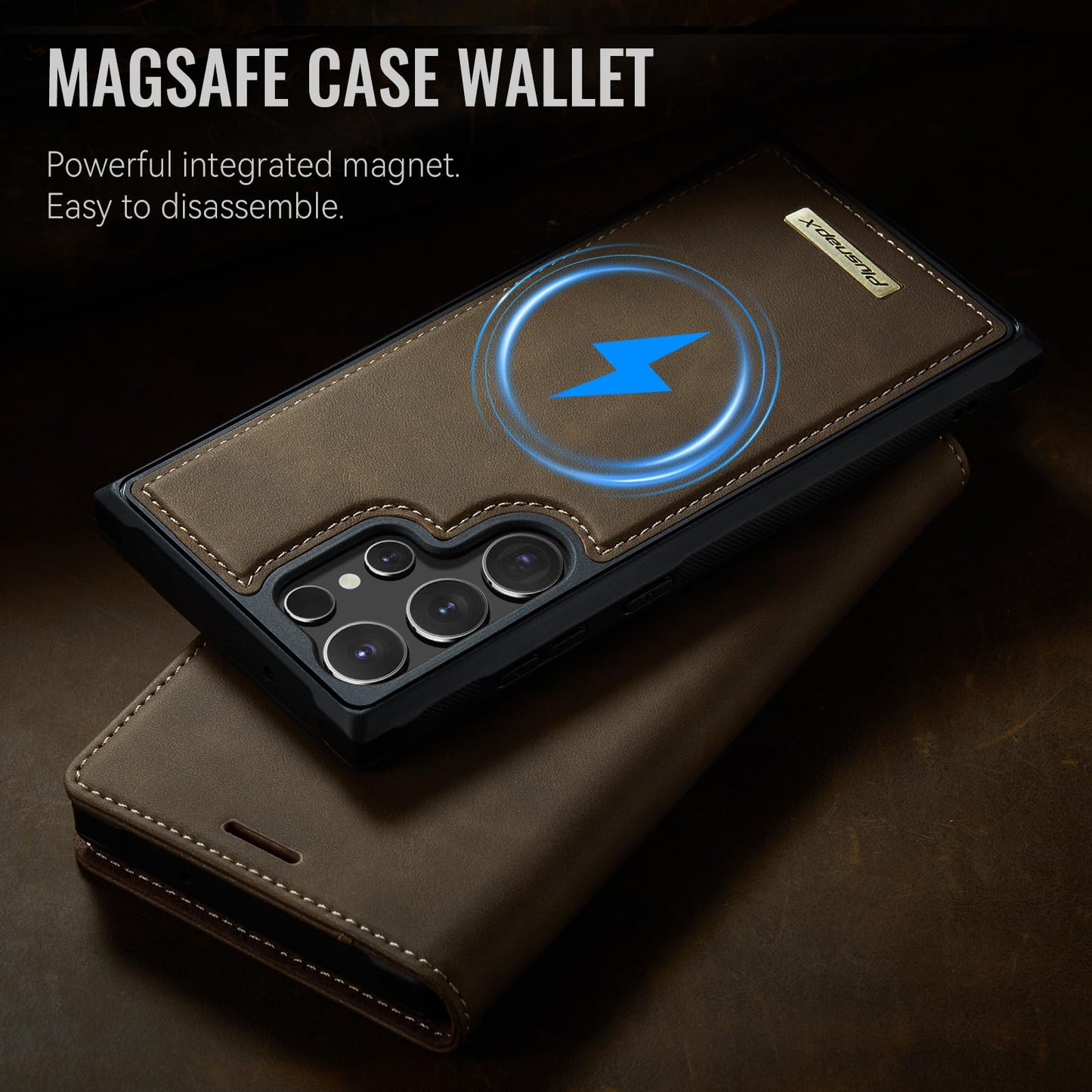 PlusnapX Wallet Case for Samsung Galaxy S24 Ultra Compatible with Magsafe, 2-in-1 PU Leather Flip RFID Blocking Card Holder Stand Shockproof Magnetic Detachable Cover for Galaxy S24 Ultra, Brown