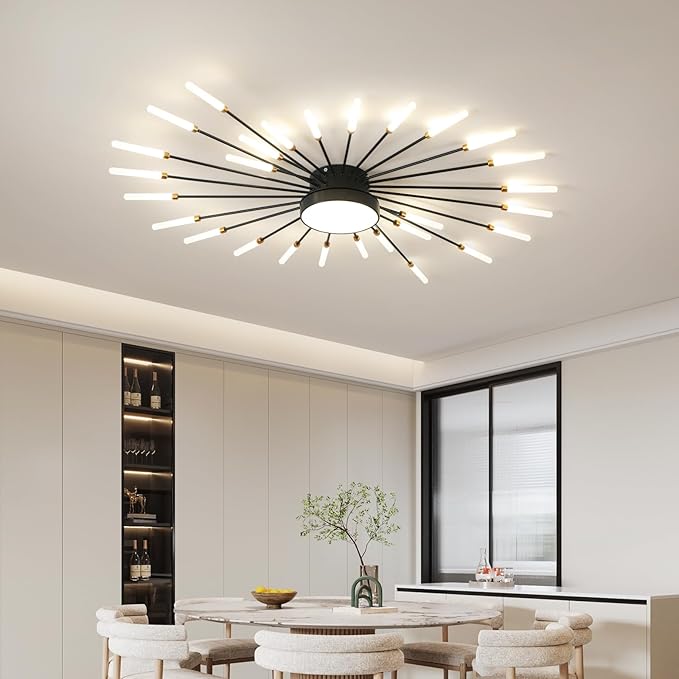 ziidoo Modern Ceiling Light, 28+1 Lights Metal Firework Designed Chic Led Lighting Fixture for Farmhouse Kitchen Dining Room Bedroom Hallway Living Room (Black)