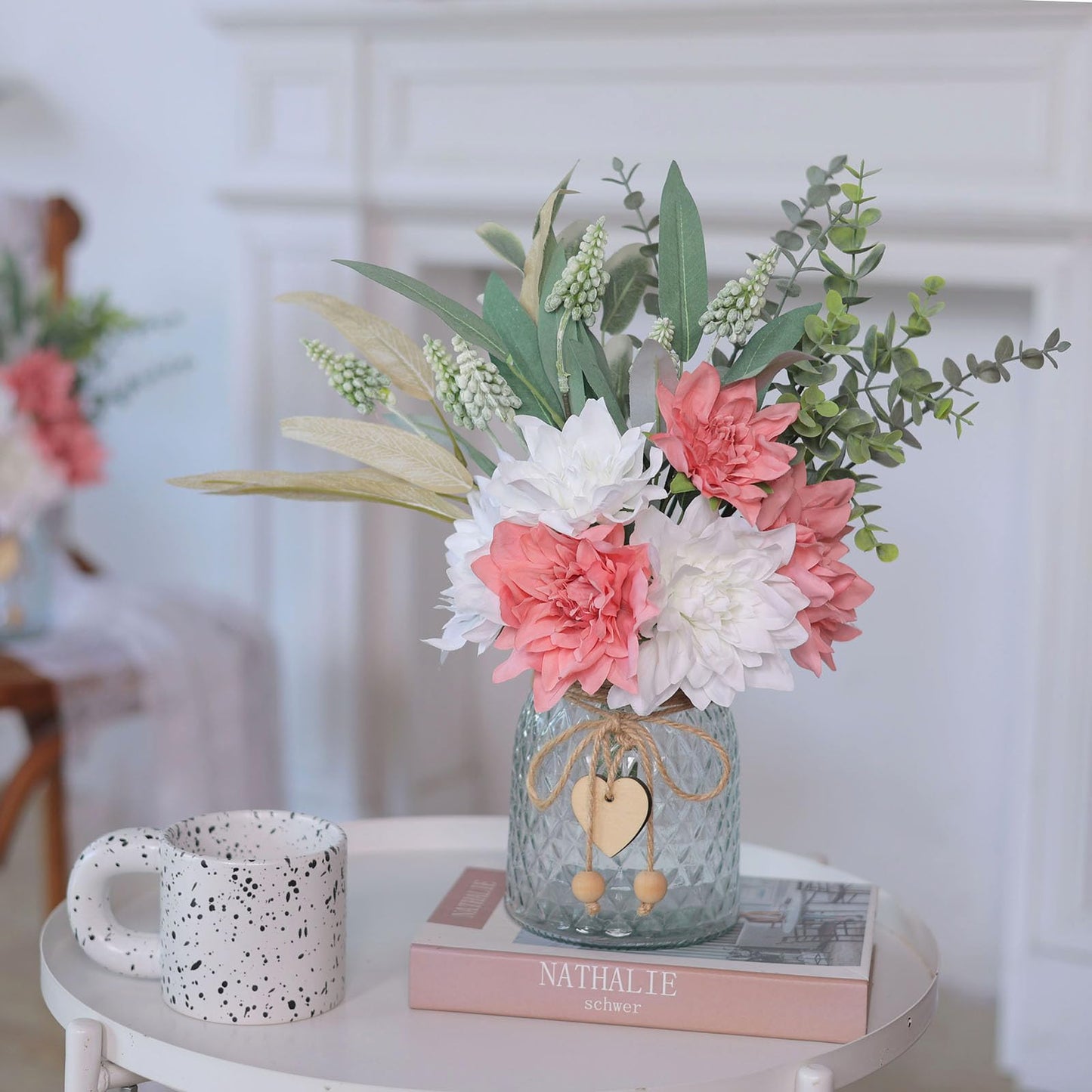 Faux Flowers with Vase,Artificial Silk Flowers in Vase, Fake Plant Eucalyptus and Willow,Flower Arrangement for Home Farmhouse Dining Table Centerpiece Decorations Coffee Table Decor (Dusty Pink)