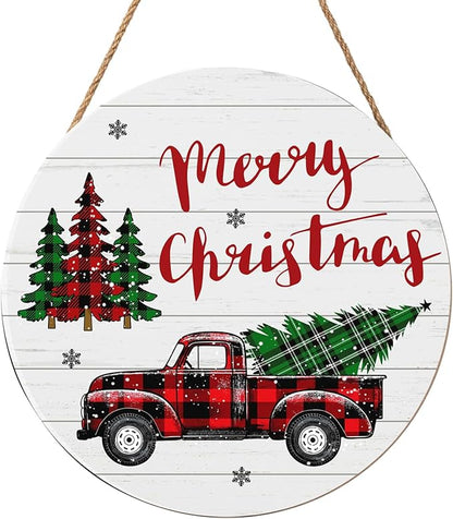 Merry Christmas Door Sign,ChristmasTree Decorations Wooden Holiday Hanging Sign for Front Door, Winter Decorations for Home Garden Christm New Year 12"x12"