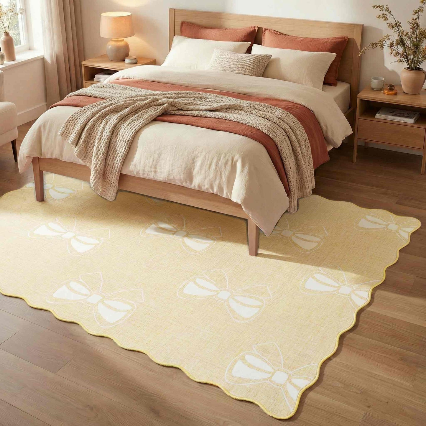 Bow Area Rug for Living Room, Soft Solid Low Pile Carpet for Dorm,Large Cute Washable Rugs 4x6 Soft Low Pile Non Slip Scalloped Rugs for Playroom College Bedroom Girls Room Decor