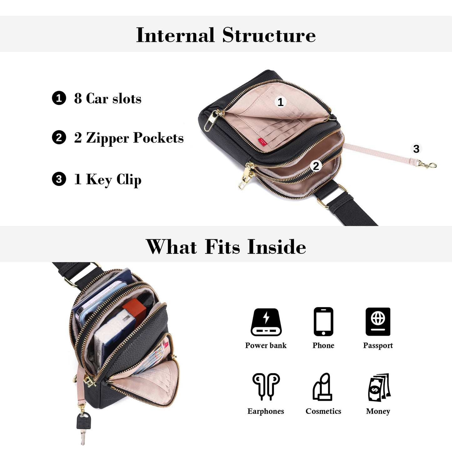 INICAT RFID Blocking Sling Bag, Anti Theft Crossbody Bag for Women Compact Travel Purses Leather(Black)
