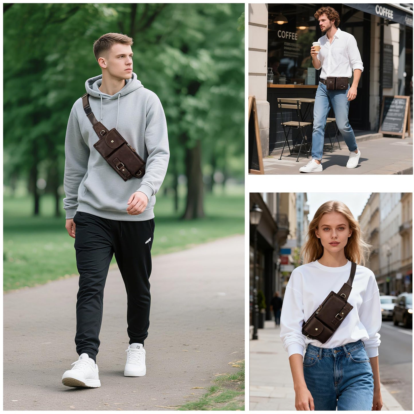 NIUCUNZH Genuine Leather Fanny Pack for Men Small Belt Bag Women Slim Waist Purses Sling Crossbody Bags for Running Hiking Travel
