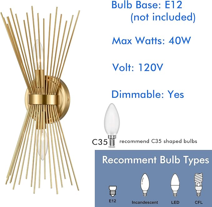 YUBOLE Brass 2-Light Vanity Light Mid-Century Modern Starburst Wall Sconce Lamp Sunburst Sconce Art Decor
