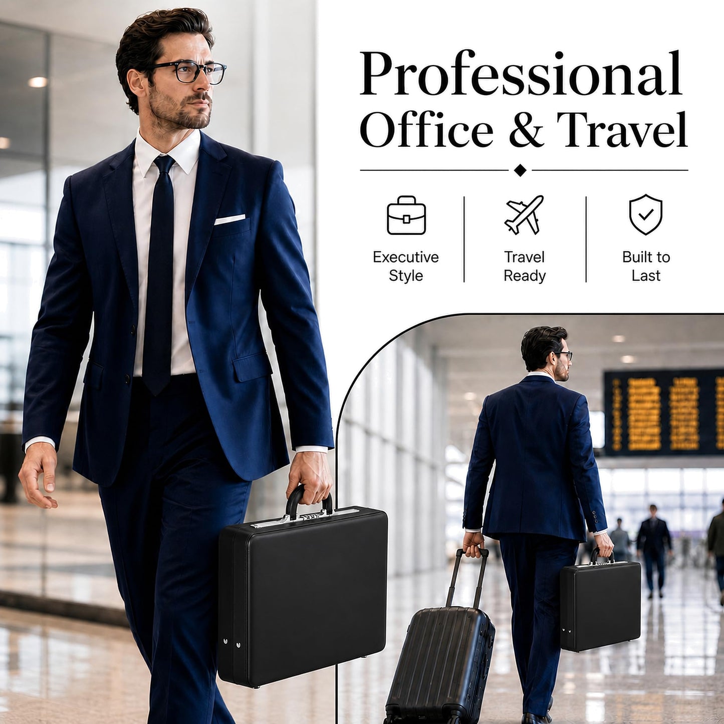 HAESTUS Leather Briefcase for Men with Combination Lock, Classic Hard Shell Attache Case in Black, Fits 16 Inch Laptop