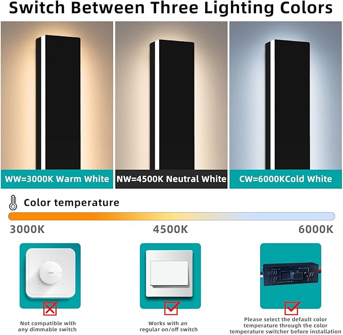 Upgrade Widened 2 Pack Long Outdoor Wall Lighting Fixture, 57inch Modern LED Wall Sconce, 3 Color 3000K/4500K/6000K, 50W, IP65 Waterproof, Black Exterior Light Fixture for Patio, Garden, Garage