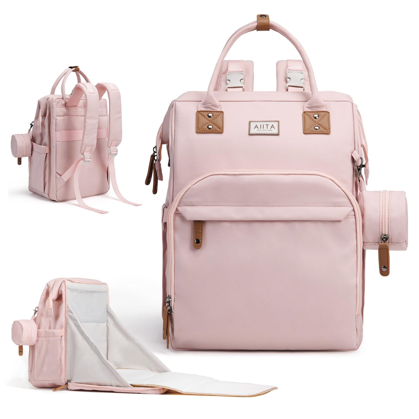 AIITA Diaper Bag Backpack, Multifunction Diaper Bag with Changing Pad, Baby Diaper Bags for Boys Girls, Stylish Large Capacity Travel Backpack for Moms Dads, Baby Shower Gifts,Unisex – Pink