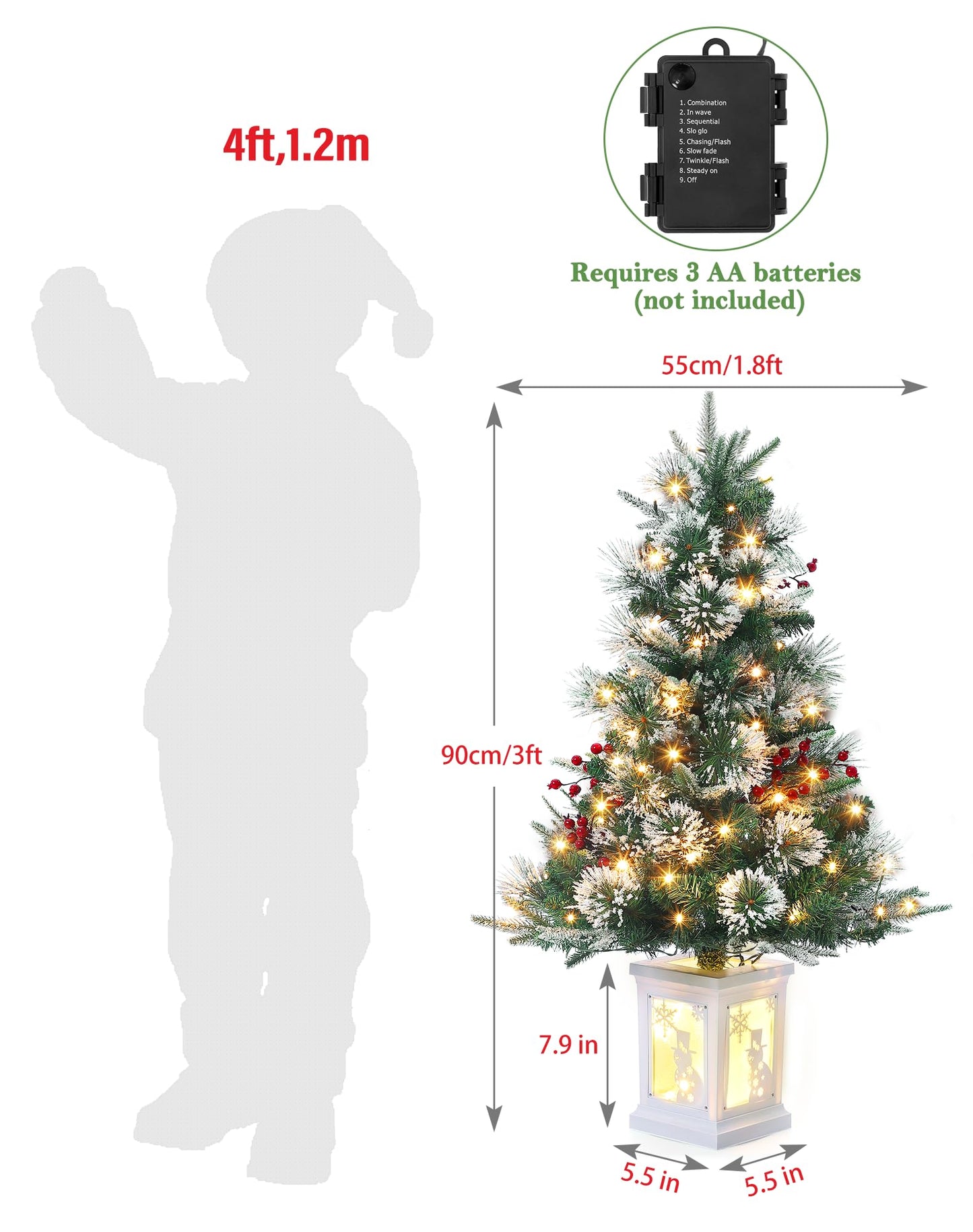3FT Prelit Premium Snowman Artificial Snow Flocked Christmas Tree with Warm White LED,Prelit Pine Mini Tree for Christmas Decoration,Yard,Home,Office,Outdoor,Indoor,8 Mode Snowman White Base- 2PCS