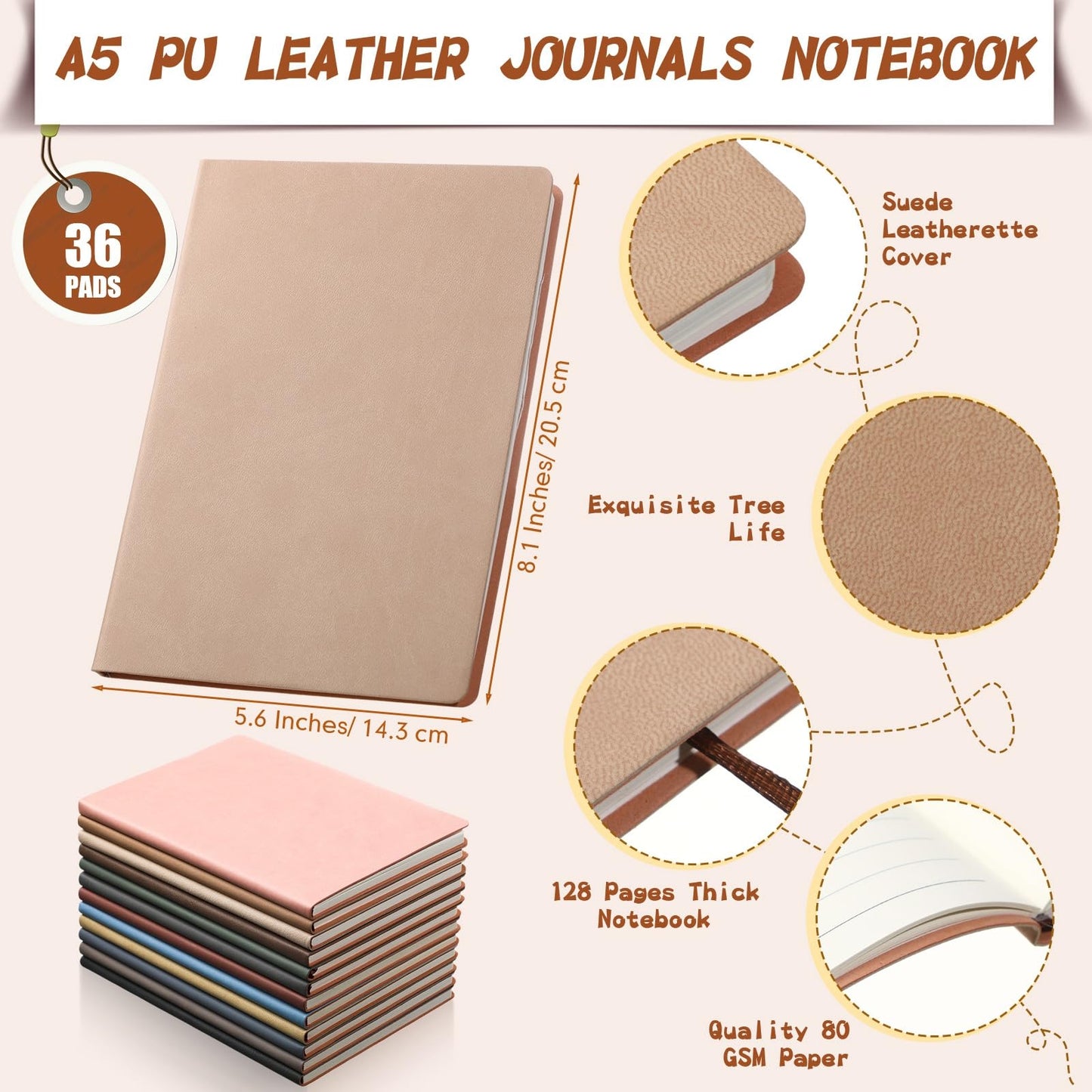 PerKoop 36 Pcs A5 PU Leather Journals Soft PU Leather Cover Ruled Writing Notebook Lined Journal Notebook for Office School Business Writing 128 Pages, 8.1'' x 5.6'' (Morandi Color)