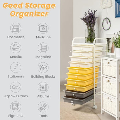 MEDIMALL 10 Drawers Rolling Storage Cart, Multipurpose Craft Storage Cart with Wheels, Mobile Tools Scrapbook Paper Organizer Cart for Office School Home Use (Yellow)