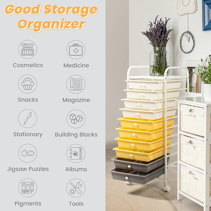 COSTWAY 10-Drawer Rolling Storage Cart, Utility Mobile Trolley with Removable Drawers & Universal Casters & 2 Brakes, Versatile Flexible Drawer Organizer Cart for Home, Office (Yellow)