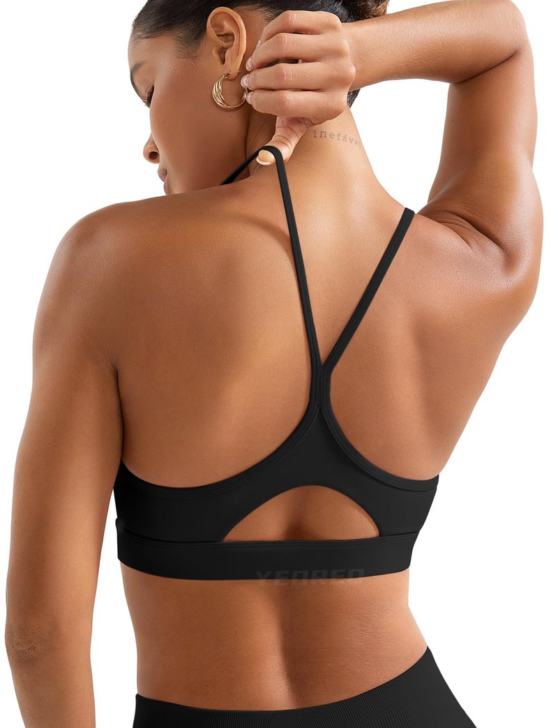 YEOREO Luciny Workout Y Back Sports Bras for Women Spaghetti Straps Racerback Padded V Neck Medium Impact Gym Bra Yoga Top Black-S