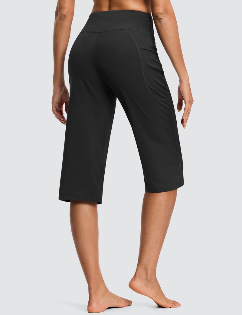 ISEEGZ 18" Capri Pants for Women High Waist with Pockets Women's Capris Workout Yoga Pants Loose Straight Leg Black