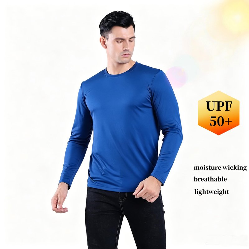 Mens Long Sleeve Shirts Quick Dry Crew Neck Sun Protection Gym Workout Athletic T-Shirt Blue L 5 Pack