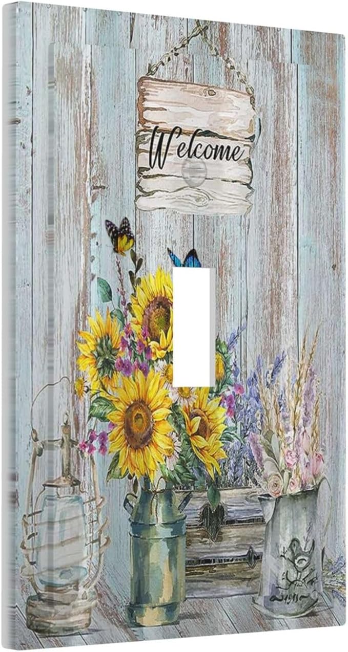 Sunflower Vintage Barn Wooden 1 Gang Single Toggle Light Switch Covers Sun floral Decorative Wall Plate Switchplate Electrical Faceplate Farmhouse Home Livingroom Decor