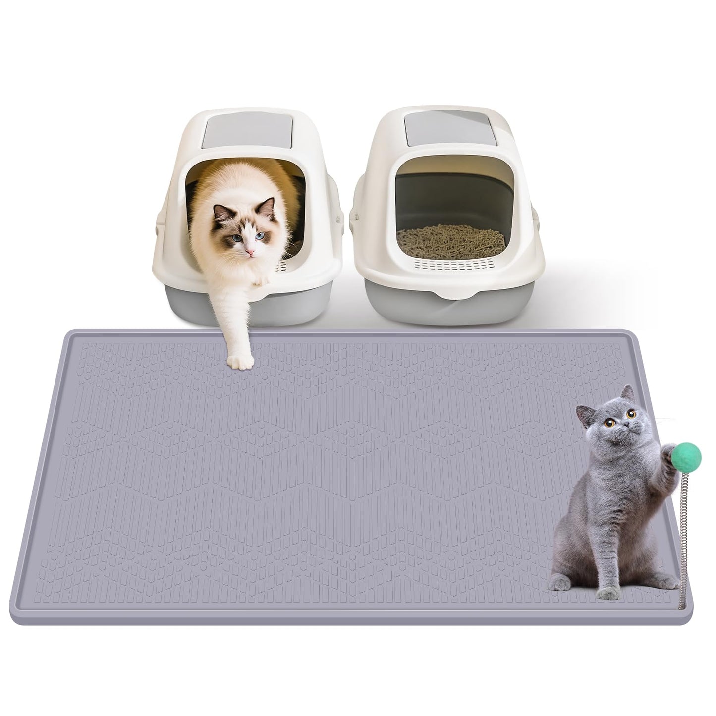 Silicone Cat Litter Mat with Toy, 38x25 Inch Large - Waterproof, Easy Clean Trapping Mat for Kitty Litter Box, Non-Slip Litter Box mat for Hardwood Floors & Carpet Protection (Grey)