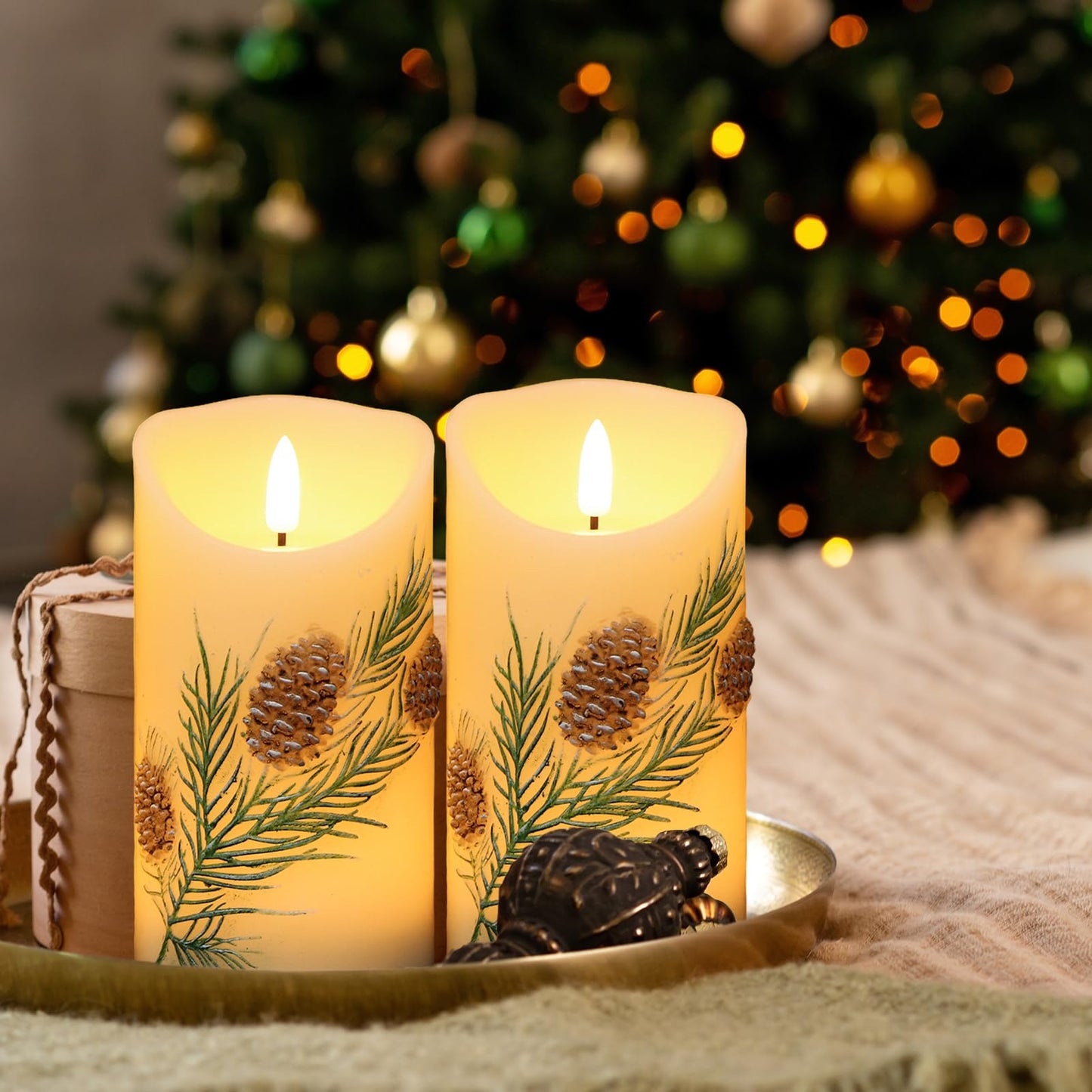 Wondise Flameless Candles with Timer, Battery Operated Flickering 3D Wick Real Wax Pine Cone Candles for Christmas Holiday Indoor Decoration, Set of 2, Ivory(D3 x H5.7 Inch)