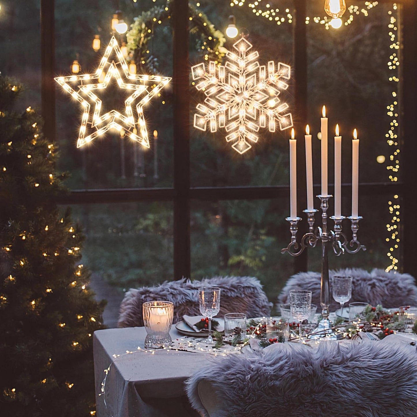 Xmasnova 2 Pack Christmas Window Lighted Decorations,Christmas Window Silhouette Lights,Double Side Sign Lamp Decoration for Holiday Indoor Wall Door Glass Decorations,Star，Snowflake