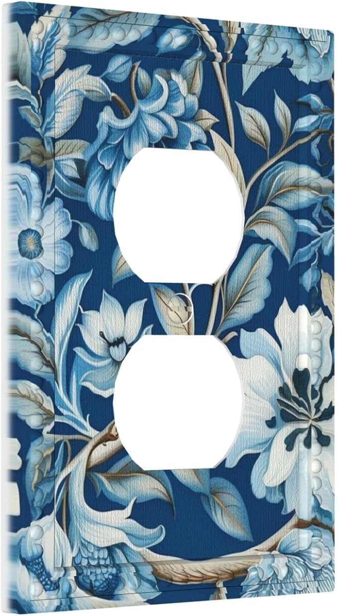 Blue Flowers Branches Leaves Floral Pattern Light Switch Cover 1 Gang Outlet Plate Single Duplex Wall Plate Covers Decorative Switchplate Covers Electrical Faceplate for Home Decor