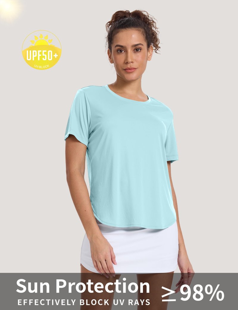 CHALLMOTI Women's Short Sleeve Workout Tops Athletic Shirts Sun Protection Shirts Quick Dry for Gym Tennis Running UPF 50+ Cyan L