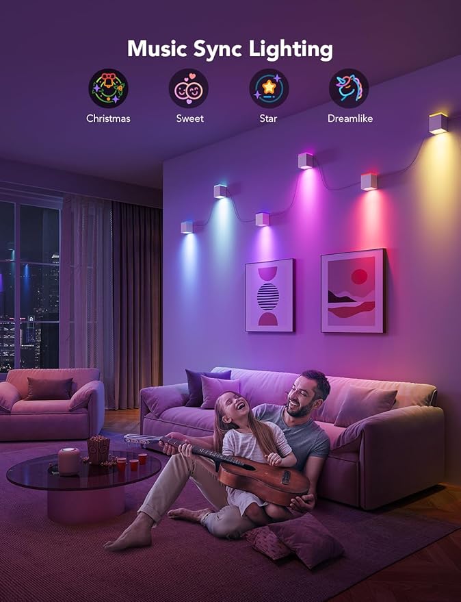 Govee Cube Wall Sconces, RGBIC LED Wall Light Works with Alexa, WiFi Smart Lights for Room Decor, Color Changing Indoor Light Fixture for Bedroom Dining Room, Music Sync, Adjustable Cables, 15ft