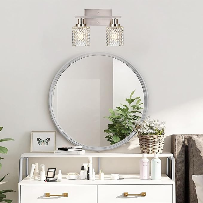 MELUCEE 2-Light Wall Sconce Lighting with Hammered Glass Shade, Brushed Nickel Bathroom Lights Over Mirror, Modern Vanity Lighting Fixtures for Porch Entryway Stair